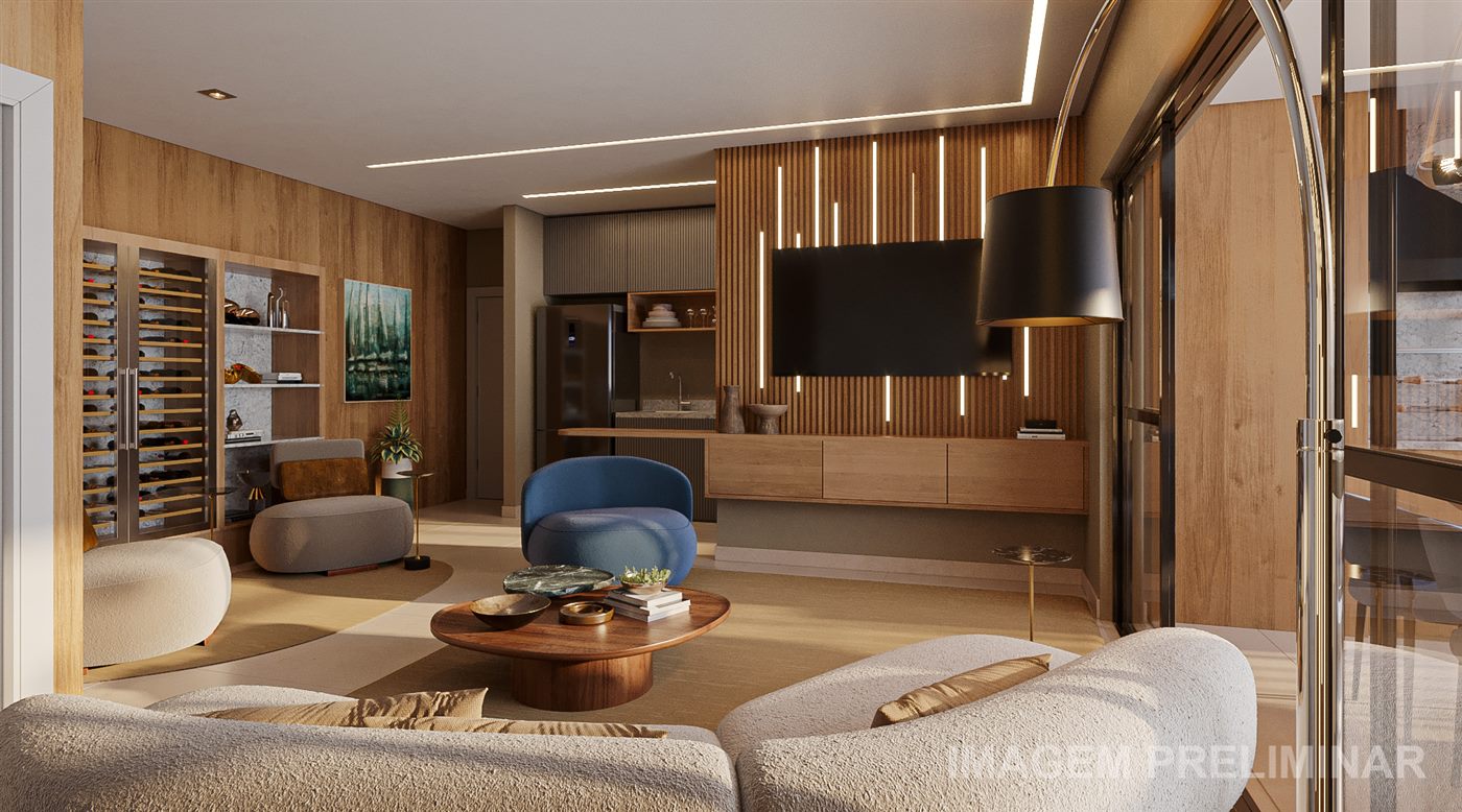 Living do apartamento decorado de 92,19 m², opção ampliada