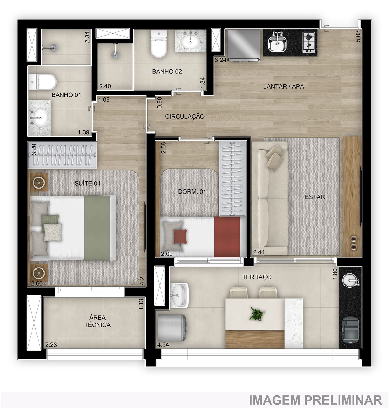 Planta — 56 m², 2 dormitórios (1 suíte), Home