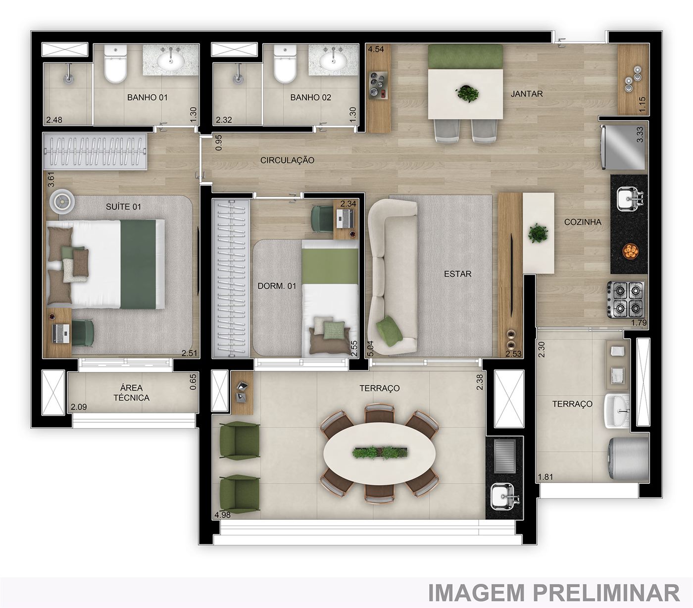Planta — 74 m², 2 dormitórios (1 suíte), Home