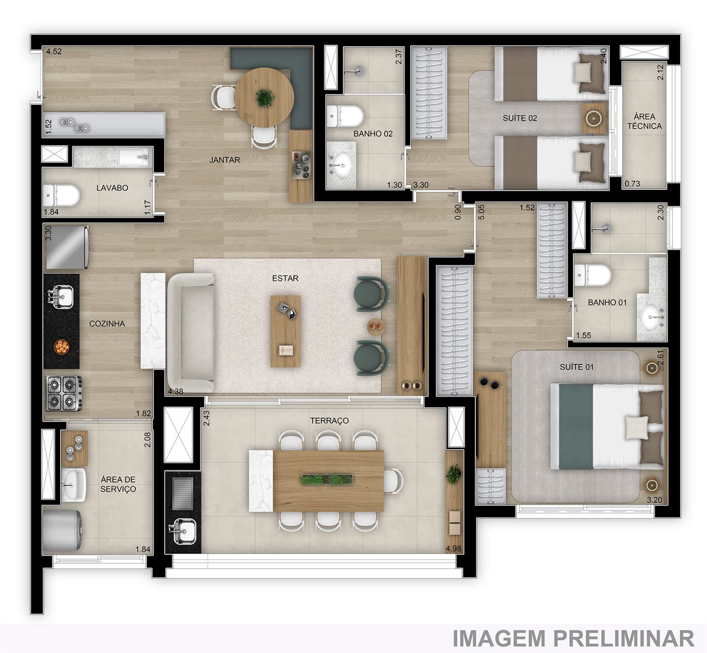 Planta — 91 m², 3 dormitórios (1 suíte), opção ampliada, Home