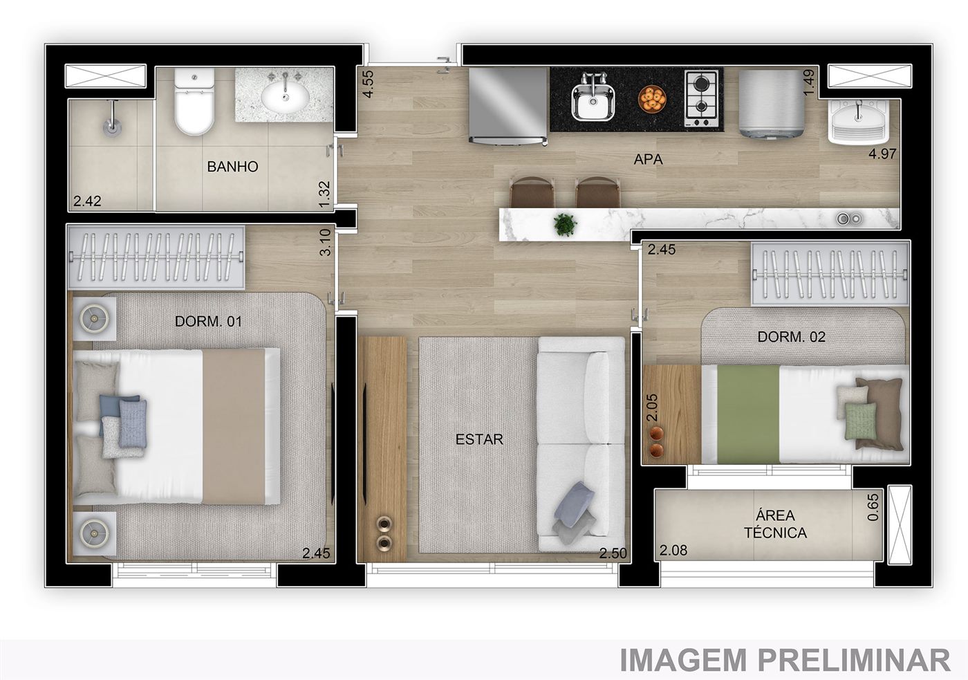 Planta — 39 m², 2 dormitórios, Smart
