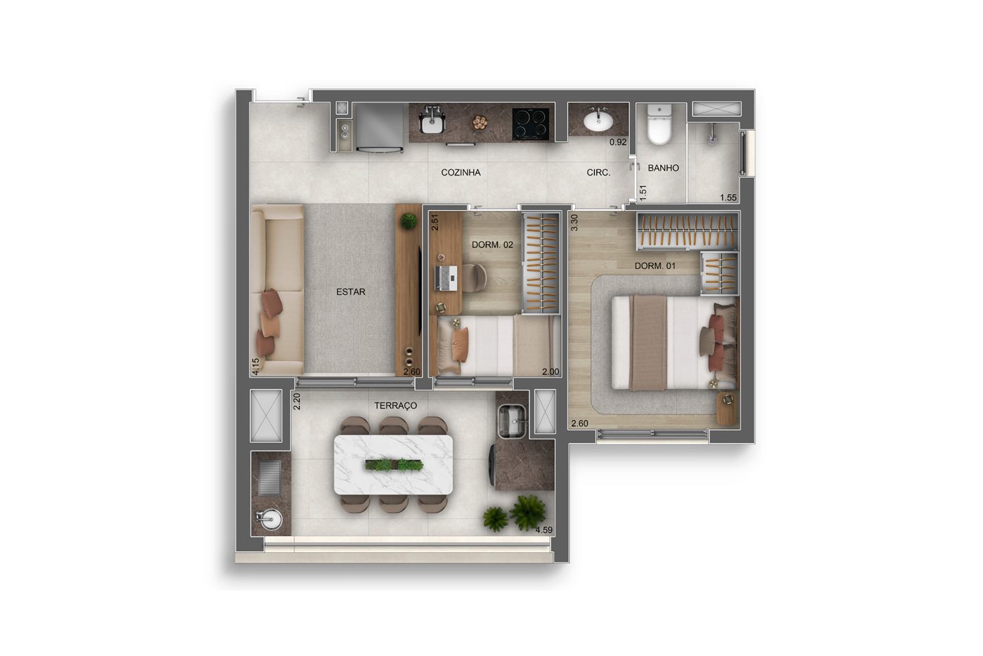 Planta — 48 m², 2 dormitórios